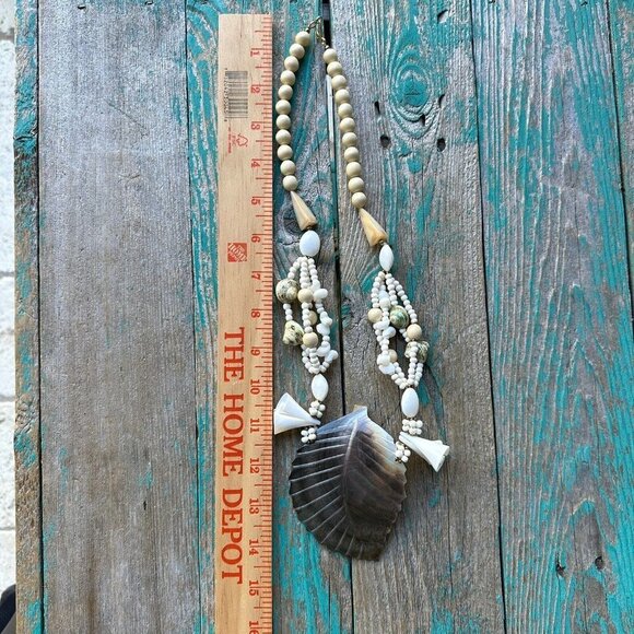 Necklace Pendant Mother Of Pearl Carved‎ Leaf Shell Beaded Boho Retro VTG 24" - Picture 9 of 11
